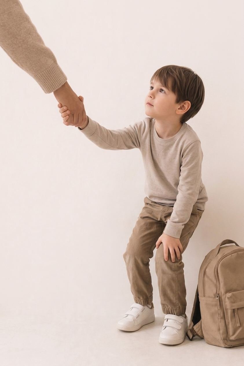 Un adulto sostiene la mano de un nene que lo mira hacia arriba, con la mochila del colegio al lado